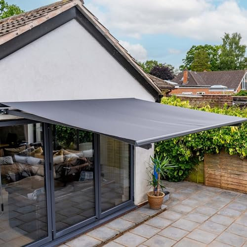 JSH 3 x 2.5m Electric Awning With LED Lights | Remote Control/Manual | Aluminium Frame DIY Retractable Awning, UV50+ Sun Shade Canopy for Garden Patio Deck Door Window | Dark Grey | Open Cassette