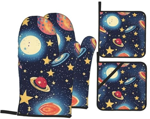 4 Stück Ofenhandschuhe Set Sternenuniversum Weltraumdruck Topfhandschuhe Waschbare Grillhandschuhe Weichem Topflappen Für Die Küche, Zum Grillen, BBQ