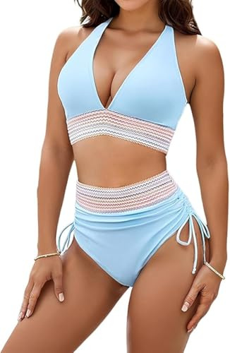 V-Neck Bikini 2-Piece Set, Women Bikini Sets Swimsuits Two Piece Drawstring Bathing Suit(Black,S)