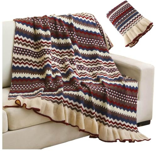 ypuxil Kuscheldecke,Boho Decke Sofadecke Mit Rüschen Quaste,flauschig Weiche Strickdecke,warme Bettdecke Buntes Streifenmuster Reisedecken Für Schlafzimmer, Wohnzimmer, Büro,50X80in, Brown