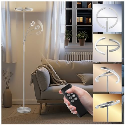 tectake® Lampadaire sur pied salon LED Lampe sur pied Lampe salon, Luminaire salon moderne Lampe Design scandinave industriel pour Lumière cosy salon, bureau, chambre enfants, lit, chambre- Argent mat