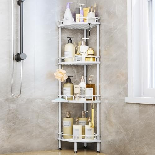 SWTYMIKI Corner Shower Caddy - 4 tier Bathroom Shelf Shower Organizer Corner with 4 Hooks, Rust Free Standing Bathroom Accessories with Soap Holder for Inside Bath, White