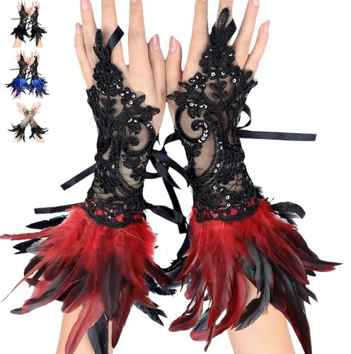 AUNGCSHE Spitze Feder Handschuhe, Feder Manschetten, Damen Feder Spitze Fingerlose, für Halloween Kostüm, Maleficent Kostüm Damen(Rot)