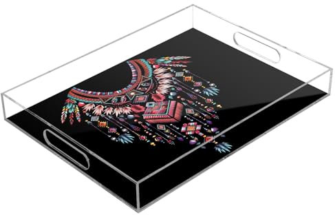 Beau plateau de service tribal géométrique ethnique oriental en acrylique, plateau rectangulaire transparent avec poignées pour table basse, cuisine, salle de bain