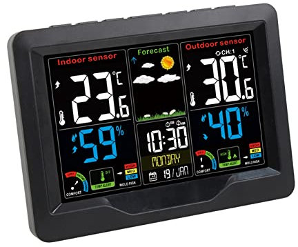 Estación meteorológica con sensor inalámbrico, termómetro digital, higrómetro, pronóstico del tiempo, despertador con función de repetición, estación meteorológica inteligente para interiores y e