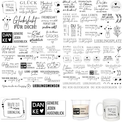 FloraVigo Easy Rub On Sticker, easy rub aufkleber ca.A5 19x14cm-Spruch Deko zum Geburtstag, Keraflott, Hochzeit, Zuhause, Wischfolie für Möbel, Glas, Holz, Fotoalbum(4PCS) (SCHÖNE SPRÜCHE)