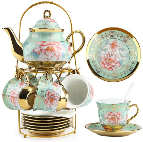 TeamSky 20-Piece Porcelain Tea Set with Metal Stand – Vintage Ceramic Tea Set for 6, Elegant Floral Design, Perfect for Home, Gatherings & Gift Giving