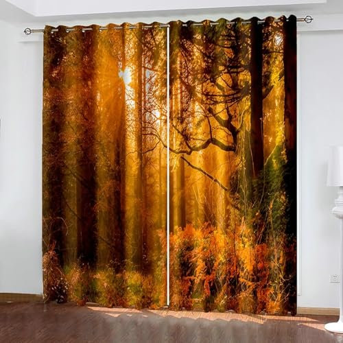 Bishilin Vorhänge mit Ösen 137x214CM 2er Set, Verdunklungsvorhänge Blickdicht Herbst Sonnenuntergang im Wald Muster Gardinen Kinderzimmer Jugendzimmer