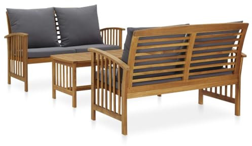 Emmtore Akazienholz Massiv Gartenmöbel Lounge Bank Stuhl Tisch Gartenset Beistelltisch Gartengarnitur 3-TLG. Garten-Lounge-Set mit Auflagen Massivholz Akazie Grau 2X Bank + Tisch