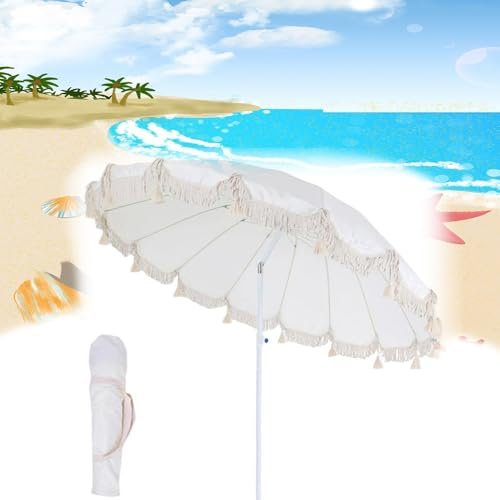 ZYXQQJ Parasol De Jardin Bohème 220cm/7.2Ft Parasol De Plage avec Frange Parasol De Jardin Exterieur Inclinable, Sac De Transport