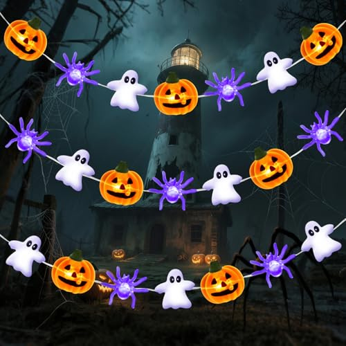 Gcstnn Halloween Deko Lichterkette, 3M 30LED Orange Kürbis Spinnen Geist Halloween Lichterkette Batterie mit Timer, für Thema Party, Karneval, Veranda, Fenster, Innen Dekoration