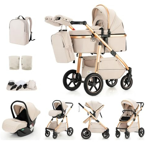 Kakbgee 3 in 1 Passeggino per Bambini, Passeggino Combinato, Manico Regolabile in Altezza, Baby Buggy, Carrozza e Sedile Auto con Zanzariera, High Vision Telaio in Alluminio per Neonati(0-4 Anni 22KG)