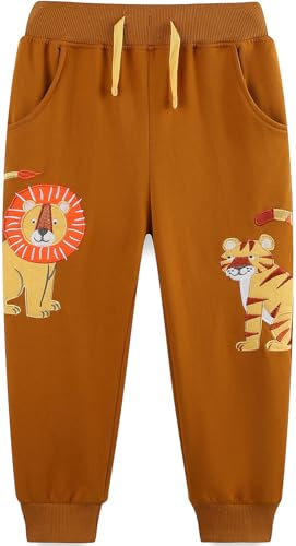 Langubaby Boys Trousers Cotton School Sweatpants Dinosaur Lion Space Shark Plain Jogging Kids Casual Sports Bottoms with Pockets Age 6-7 Years