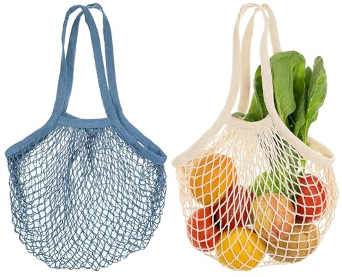Qulkws 2 Pcs Portable Long Handle Net Tote, Reusable Mesh Grocery Bags, Premium Mesh Grocery Bags, Fruit and Vegetable Bag (Beige, Blue)