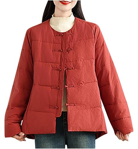ANHATUIV Womens Winter Coats Cropped Women'S Quilted Jacket Lightweight Outerwear Padded Chinese Style Tang Suit Women Thick Tai Chi Uniform Long Sleeve Chinese Traditional Tops Red XL