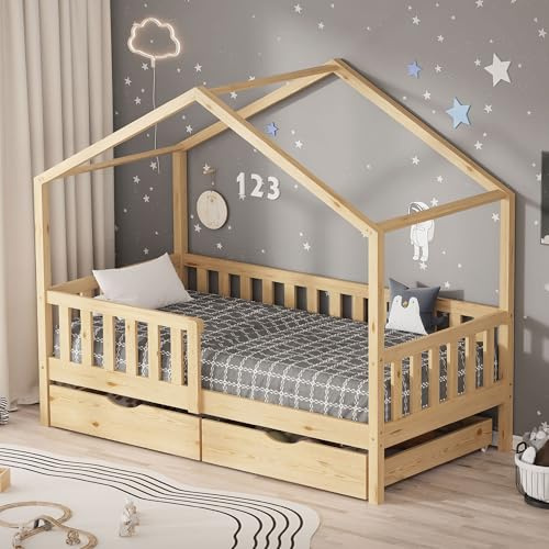 ML-Design Kinderbett Hausbett 80x160 cm Natur mit 2 Schubladen, Holzbett mit Rausfallschutz, Lattenrost und Dach, Spielbett aus Kiefernholz für Kinder, Montessori Bodenbett Bettgestell Bettenhaus Bett