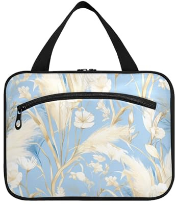 Sac à suspendre avec crochet - Motif herbe de la pampa dorée - Bleu clair - Style peinture aquarelle - Pour voyage, maquillage, croisières, bolsas para maquillaje L