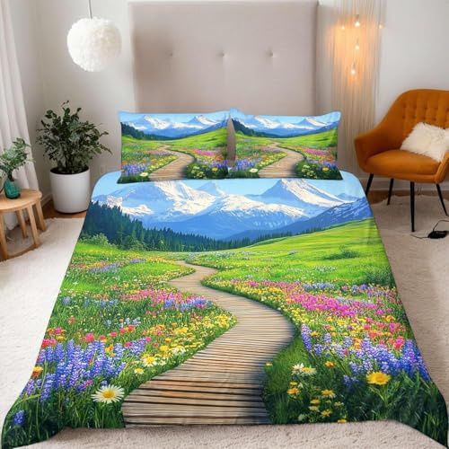 Bettwäsche 135x200 Frühlingsblumen 3D Bettwäsche-Sets Berge Microfaser Bettbezug Weiche Komfortabel Bettbezüge mit Reißverschluss and 2 Kissenbezüge 80x80 c2059