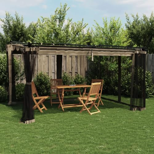 Pavillon mit Netzwänden Taupe, Aluminium und Stahlrahmen, Sonnenschutz für Garten und Terrasse, Grillpavillon Winterfest, Festival Pavillons, Zelt Pavillon, Camping Pavillons, 396 x 297 x 230 cm