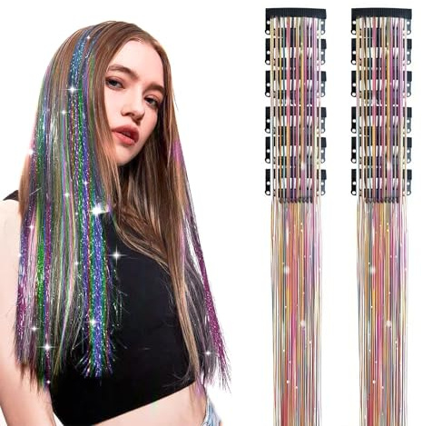 KLINNA - Extensiones de pelo brillante con clips, mechas de pelo con lentejuelas Lametta, 50 cm, coloridas con pinza para trenzas para niñas y niños (multicolor)