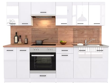 FIWODO Küche mit Elektrogeräten - ERWEITERBAR - Küchenzeile, Einbauküche in Farbe: WEISS GLANZ, 240cm, mit Spülbecken, Mischbatterie, Herd, Backofen, Abzugshaube, NEUWARE mit GARANTIE