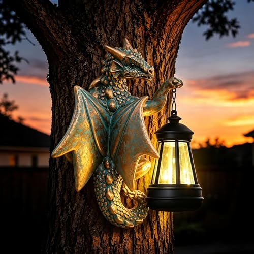Solar Drachenlampe für Außen Drachenfigur Garten Baum & Wand Deko Bronze | Hängende Drach Gartenfiguren mit LED Laterne für Bäume & Zäune - Geschenk für Männer/Fraue - Wetterfeste Fantasy-Deko Zubehör