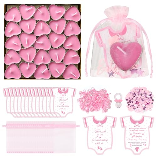 Iyxeo Pink Baby Shower Favors for Guests – 50 Sets Tea Light Candle Party Favours with Thank You Cards, Organza Bags & Decorative Mini Pacifier Charms, Baby Shower Table Decorations & Guest Gifts