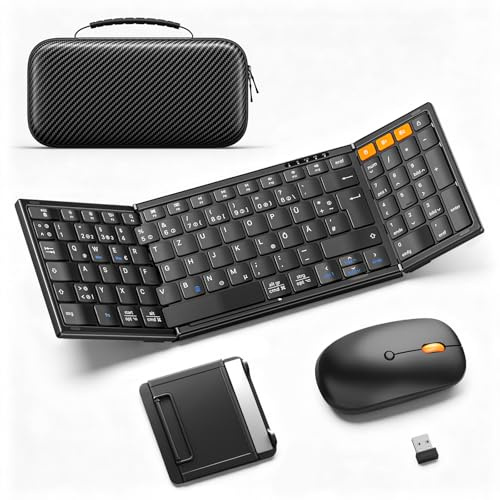 MoKo Faltbare Tastatur mit Maus, Klapptastatur mit Ziffernblock für Laptop | QWERTZ Deutsches Full-Size Layout, Kabellose 2.4G + Dual Bluetooth, Reise-Set, Transportetui, für Windows Mac Android