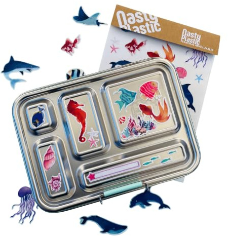 NastyPlastic Pack Completo Fiambrera Infantil de Acero Inoxidable Antifugas con 5 Compartimentos + 2 Botes herméticos para poner yogur/hummus + Pegatinas Reutilizables. SIN BPA. CERO PLASTICOS