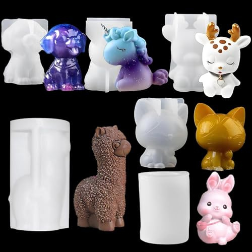 Silikonformen Gießformen Tier Set,Tierform, 6 Stück, Silikon-Epoxid, Epoxidharz Formen Für 3D Einhorn, Hase, Hirsch, Kätzchen, Hund, Alpaka,Weihnachten,Handwerk