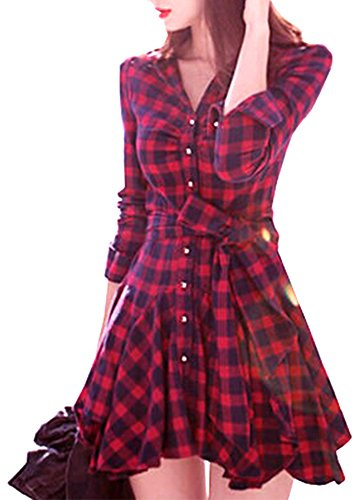 Eleery Damen Dünne Langarm V-Ausschnitt Tunika Lange Shirt Kariert Hemd plaid shirt Plaids Tops Bluse Mini Kleid (EU 38, Rot+Schwarz)