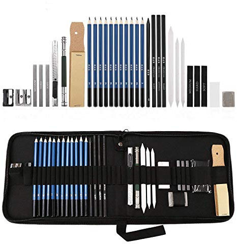 Lypumso Juegos de Lapices de Dibujo, 33pcs Set Carboncillo de Dibujo Profesional del Artista, Kit de Arte Lapices de Carbón Boceto Carboncillos para Artista Principiante