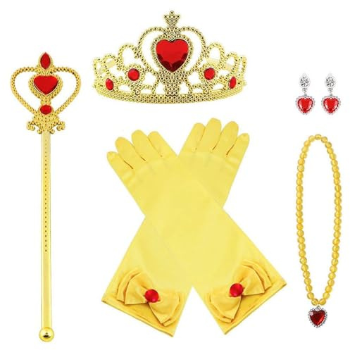 Vicloon Princesse Accessoires pour Costume d'elsa, 5 Pièces avec Tresse/Boucles d'oreilles/Gants/Diadème/Baguette Magique pour Cosplay Noël Fête Party d'anniversaire, pour Filles de 3 à 10 Ans-jaune