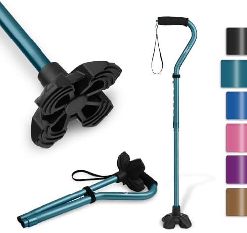 KINGGEAR F1 Walking Stick, Walking Cane for Women & Men with Wrist Strap, Lightweight & Sturdy Offset EVA Handle, Large Quad Base, Self Standing for Seniors and People with Injuries & Recovery