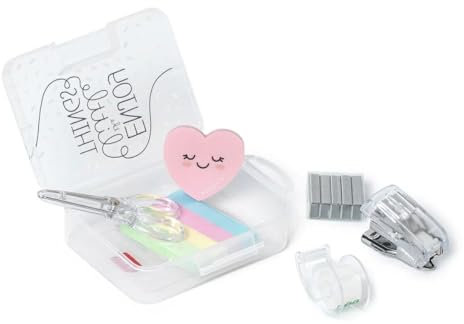 Legami - Mini Lot de Papeterie, 6 Accessoires en Format Mini : Ciseaux, Caoutchouc, marquage, Ruban adhésif avec Distributeur, agrafeuse et Points métalliques, 7 x 10,5 cm, boîte Pratique à