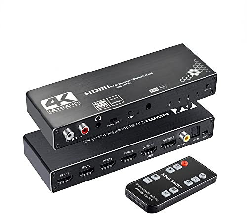 Splitter HDMI 4K, KuWFi Commutateur HDMI 4K @ 60Hz Commutateur HDMI 2.0 Télécommande 4x2 HDR Commutateur HDMI Extracteur Audio avec commutateur Arc et IR HDMI 2.0 pour PS4 TV HDTV