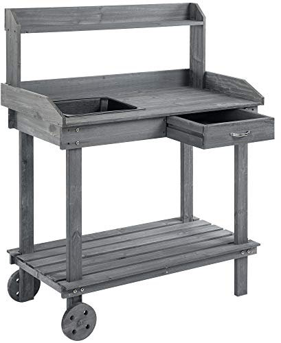 Outsunny Pflanztisch mit Schublade 2 Stufen Gärtnertisch mit waschbecken und Rollen Garten Tannenholz Grau 92 x 45 x 119 cm