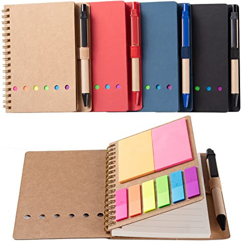 WILFANS 4 Packungen Spiralnotizblöcke Steno Blöcke liniert Notizblock mit Stift im Halter, Haftnotizen, Seitenmarker, farbige Index-Tabs, Flaggen, 12 x 15 cm, Kraftpapiereinband, kleine