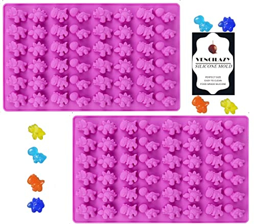 Vencilazy Mini Dinosaur Silicone Chocolate Moulds 2PCS 48 Cavity Dinosaur Shape Mold with Droppers Non-Stick Candy Jelly Moulds Ice Cube Tray Reusable Soap Wax Decor Flexible Baking Mould, Purple