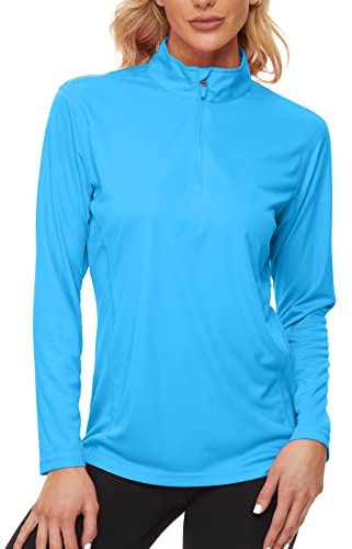 FANGJIN Tee Femme Tunique Anti UV Hauts T-Shirt Chic Été Rashguards Fitness Yoga à Manche Longue Fluo 1/4 Zippé Col Montant Grande Taille Top Bleu Glace Moyen