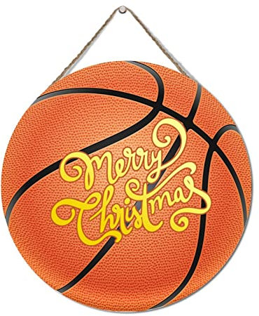 Personalized Door Sign Basketball Player Gifts Hanging Wood Sign 12x12in Round Merry Christmas Basketball Wood Plaques Rustic Farmhouse Home Decor Sign Custom Wooden Sign
