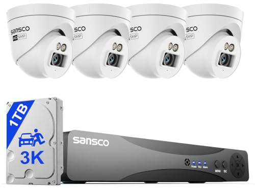 SANSCO 3K Color Night Vision, Audio Recording, Wired 8CH CCTV Camera System | 1TB HDD 24/7 Home Surveillance, 4x 5MP Dome Security Camera Outdoor,Face Human Vehicle Detect, App Alert, Support Up to 8-Cam