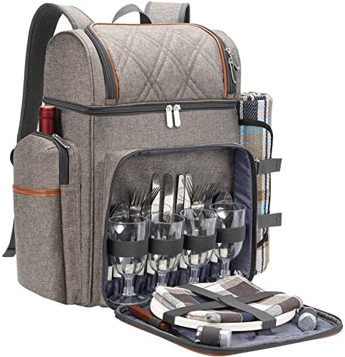 Picknick-Rucksack für 4 Personen, Picknickkorb-Set, auslaufsichere Picknicktasche, Strandkühlrucksack mit isolierter Kühltasche, Picknickdecke, Camping, Park