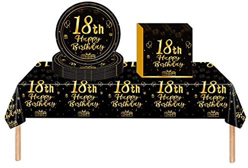Black Gold 18th Birthday Plastic Table Cloth, Paper Plates Napkins Tableware Set, 37P 18th Birthday Table Decorations Disposable Tableware Kit for Girls, Boys, Lady, Him
