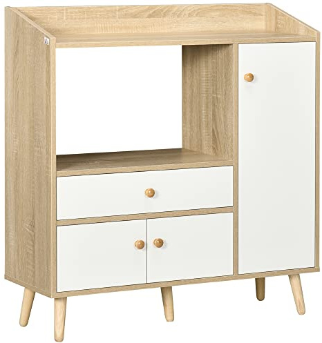 HOMCOM Buffet de cuisine pour micro-ondes avec 2 armoires et tiroirs 90 x 30 x 94 cm, en MDF, couleur bois et blanc