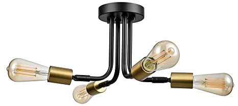GLOBE Electric 66000072 4-Light Adjustable Socket Semi-Flush Mount Ceiling Light, Matte Black, Matte Brass Accents, Ceiling Light Fixture, Home Improvement, E26 Base, Pivot Joint, Exposed Socket