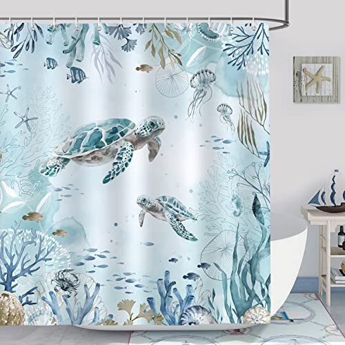 Bonhause Duschvorhang Meeresschildkröte Blauer Ozean Strand Küste Duschvorhänge 180 x 200 cm Anti-Schimmel Wasserdicht Polyester Stoff Waschbar Bad Vorhäng für Badzimmer mit 12 Haken