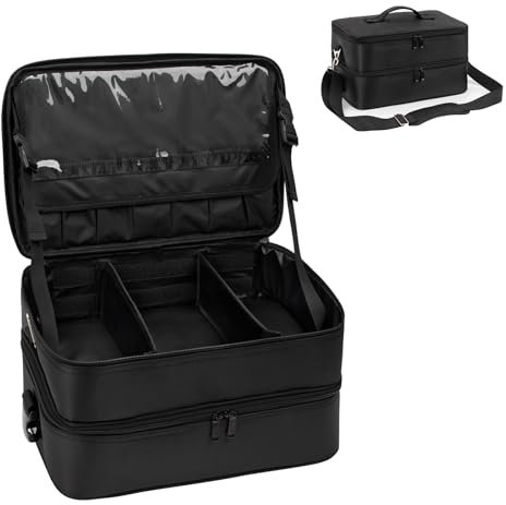 Extra Großer Kosmetikkoffer, Professionelle Make-up-Künstler Reisetasche, Doppelschicht Make-up Reisekoffer Veranstalter für Nagel Techniker Friseur Handwerker mit 2 Abnehmbarer Tasche & Schultergurt