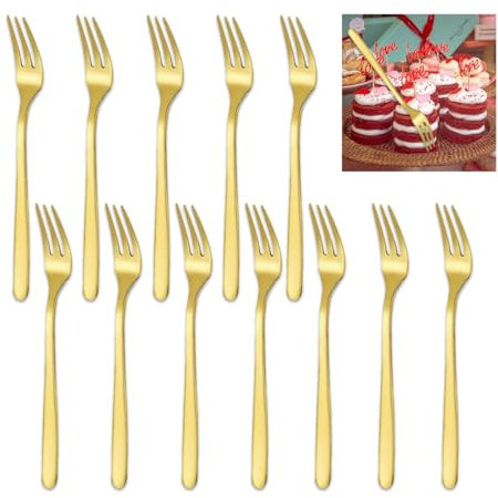 Plstod Kuchengabeln 12 Stück 14cm Gold Kleine Gabeln, Edelstahl Gabel Set, Spiegelpoliert Kuchengabeln, Party Tischdekoration Gabeln für Zuhause, Hochzeit, Party, Cafe, Restaurant