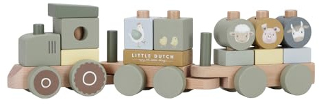 Little Dutch 7154 FSC Holz Traktor Eisenbahn mit Steckformen grün - Little Farm